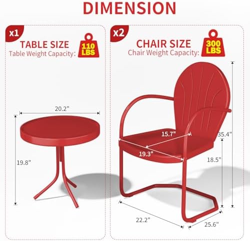Outdoor 3-Piece Metal Bistro Set, Patio Conversation Set of 2,Red - Image 2