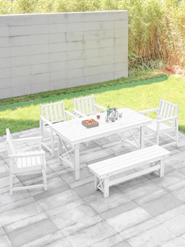 HDPE Outdoor Dining Set of 6, Patio Dining Table Set with 4 Chairs and 1 Bench, 6 Pieces HDPE Dining Set with Umbrella Hole, Outdoor Furniture Sets for Deck, Poolside, Garden, Pearl - Image 2