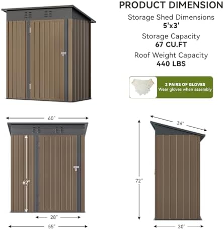 COMHOMA Shed Outdoor Storage Shed Metal,Lockable Doors Tool Sheds with Sloping Roof,Steel Garden Shed with Air Vent for Backyard,Patio,Lawn,Poolside(Brown,5'*3') - Image 7