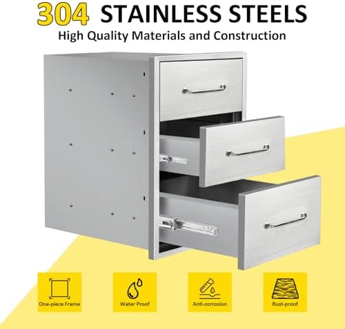Outdoor Kitchen Drawers 15.7" W x 21.6" H x 17.7" D Flush Mount Triple BBQ Drawers with Chrome Handle Stainless Steel Drawer for Outdoor Kitchen Island, Patio Grill Station - Image 3