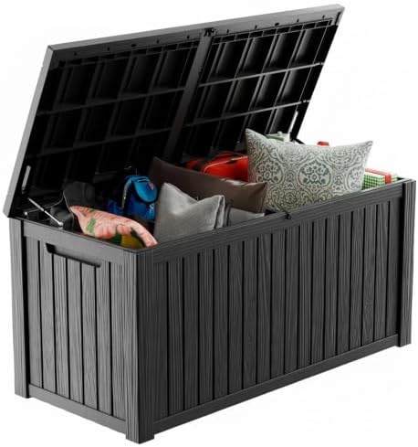 200 Gallon Waterproof Resin Outdoor Storage Box with Hydraulic Gas Strut & Metal Support Rod, Soft Close Lockable Deck Storage Container for Patio Furniture, Garden & Pool Supplies, Black by MAIUSCOLI