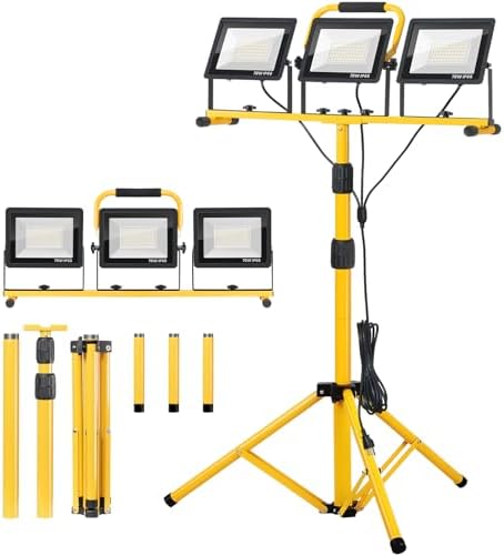 Zetunlo 21000Lumen LED Work Lights with Stand - 3 Head Portable Work Light with 16FT Cord - IP66 Waterproof Tripod Worklights for Outdoor Indoor Job Site Workshop Garage Construction Site Lighting by Unknown