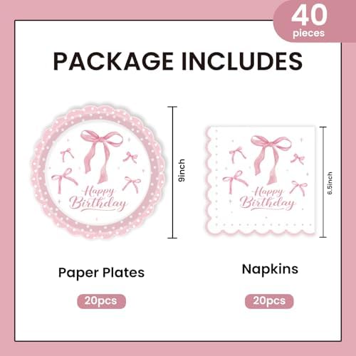 40Pcs Pink Bow Plates and Napkins Party Supplies, 9 Inch Disposable Pink Birthday Plates and Napkins Tableware Set for Bridal Engagement Baby Shower Coquette Birthday Decorations Serve 20 - Image 2
