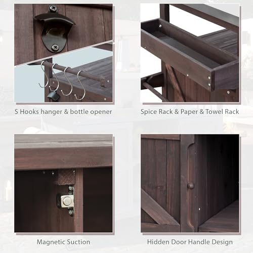 Merax Outdoor Kitchen Island, Rolling Bar Cart & Storage Cabinet, Farmhouse Solid Wood Outdoor Grill Table with Stainless Steel Top, Spice Rack, Towel Rack for Kitchen & Barbecue, Dark Brown - Image 6