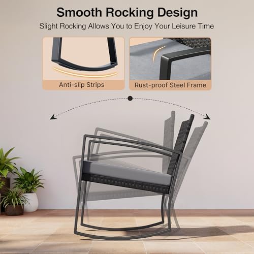 Qsun 3 Pieces Patio Furniture Set Rocking Bistro Set Outdoor Rattan Conversation with Coffee Table for Garden Balcony Backyard Poolside (Grey Cushion) - Image 3