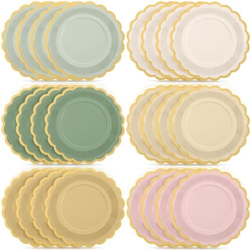 48 Pcs Sage Paper Plates 9 Inch Scalloped Sage and Pink by Tiangrid