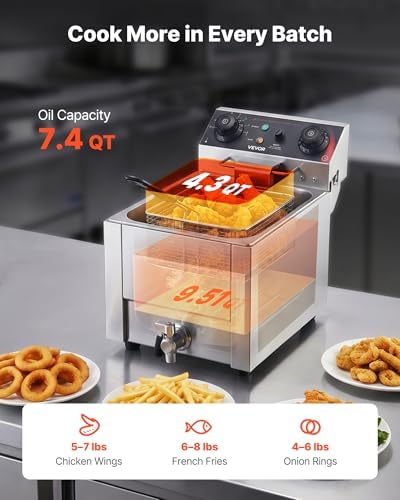 VEVOR Commercial Deep Fryer, Stainless Steel Countertop Fryer with Baskets & Lids, Temp Control, Overheat Protection, for Commercial Restaurant, Single Fryer with Oil Filtration-9.5Qt - Image 3