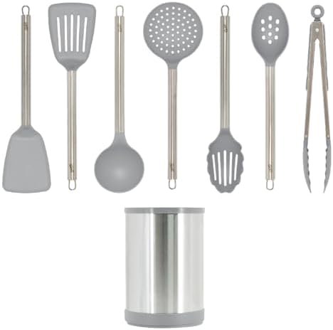 Glad Kitchen Utensils Set, 8pcs - Nonstick Cooking Tools with Stainless Steel Handles & Rotating Utensil Holder - Turners, Ladle, Spoon, Tongs, Spaghetti Server, and Skimmer - Dishwasher Safe, Grey - Image 3