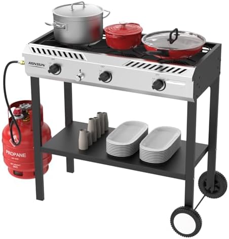 ROVSUN 3 Burner Propane Stove with Auto Ignition, 225,000 BTU Gas Stove with Storage Shelf, Rolling Wheels & Regulator for Home Outdoor Backyard Camping Cooking Frying Brewing Canning by ROVSUN