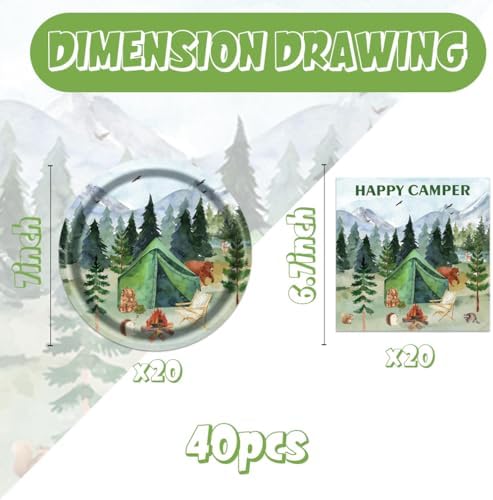 40pcs Camping Party Supplies,Adventure Party Decoration Supplies,Used for Happy Camper Party Decoration,Disposable Tableware for 20 People,Include 20 dinner plates,20 Napkin - Image 2