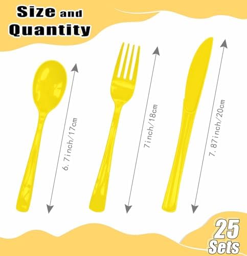 HEIPINIUYE 75 Pack Yellow Plastic Cutlery Heavy Duty Yellow Plastic Knives Forks and Spoons Disposable Silverware Set for 25 Guest Camping Birthday Baby Shower Party Cutlery Set - Image 3