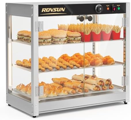 ROVSUN 3-Tier Commercial Food Warmer, 27" Pizza Warmer Food Warmer Display with LED Adjustable Lighting Glass Door Removable Shelves, Countertop Electric Food Warmer for Buffet Restaurant 110V 800W by ROVSUN