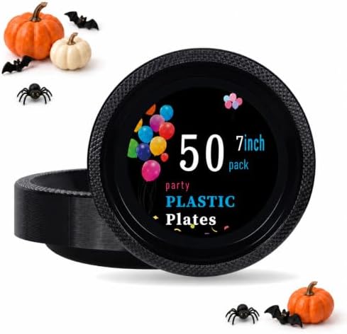 WELLIFE Black Plastic Plates 7 Inch 50 Count Halloween Plates by WELLIFE