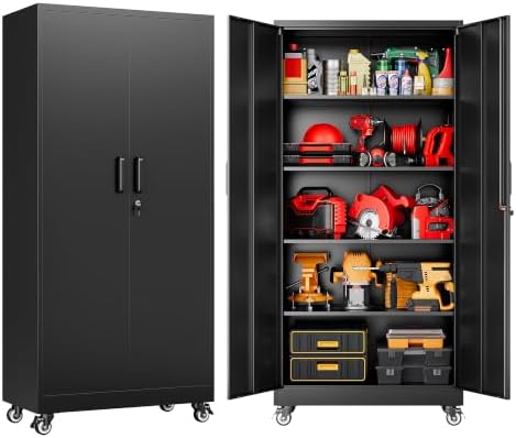 SISESOL 75" Tall Metal Storage Cabinet with Wheels and Shelves (Black) by SISESOL