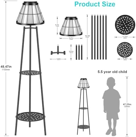 MXwcy 2-Tier Solar Plant Stand with Light, Modern Outdoor Floor Lamp with Classic Grid Lantern, Waterproof Tall Metal Planter Display Rack for Patio, Porch, Balcony, Garden Decor (2 Pack) - Image 4