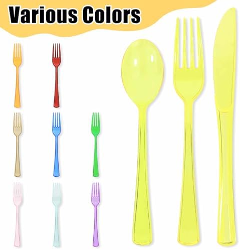 HEIPINIUYE 75 Pack Yellow Clear Plastic Cutlery Heavy Duty Clear Yellow Plastic Knives Forks and Spoons Disposable Silverware Set for 25 Guest Camping Birthday Baby Shower Party Utensil Set - Image 5