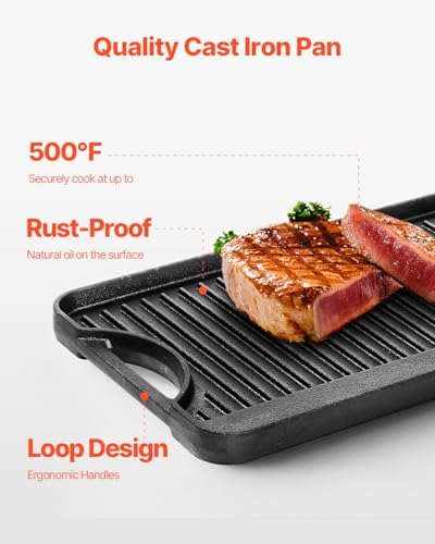 VEVOR Reversible Grill/Griddle, 20x10 inch Pre-Seasoned Cast Iron Griddle, Portable Rectangular Pan with Handle, Family Cookware for Indoor/Outdoor Stove Top Burner, Gas, Camping BBQ, Black - Image 5