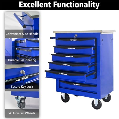 7-Drawer Heavy-Duty Rolling Tool Chest with Wheels & Steel Roof, Lockable Tool Chest Storage Cabinet for Garage, Workshop, Warehouse, and Repair Shop - Image 5