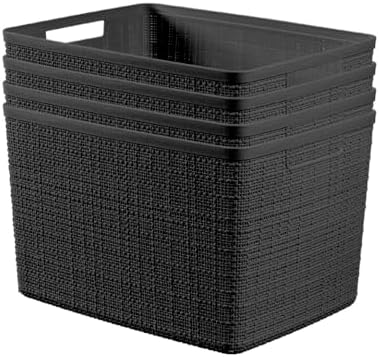 Curver Set of 4 Large 20L Jute Decorative Plastic Organization and Storage Baskets - Perfect Bins for Home Office, Closet Shelves, Kitchen Pantry and All Bedroom Essentials, Black by Unknown