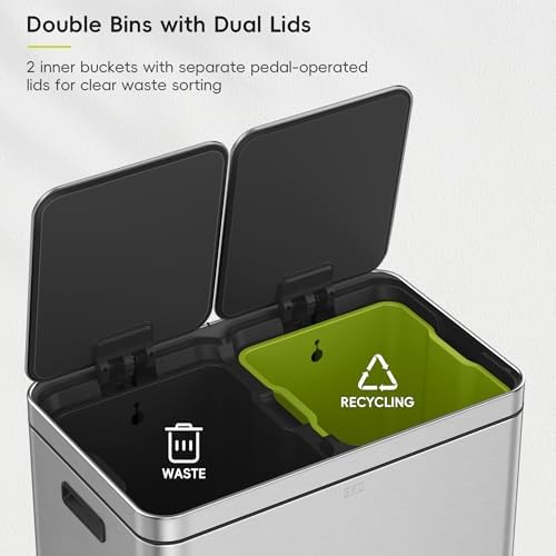 EKO Edison Dual Trash Can for Recycling and Trash, 8+8 Gallons Kitchen Garbage Can with Dual Removable Inner Liners, Independent Lids and Pedals, Matte Stainless Steel - Image 5