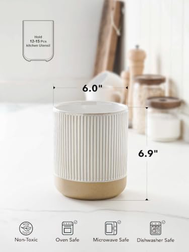 LE TAUCI Ceramic Kitchen Utensil Holder- 6.9" Large Cooking Utensil Crock & Organizer for Spatula, Spoon, Whisk - Farmhouse Countertop Storage, Cream Beige, Line - Image 3