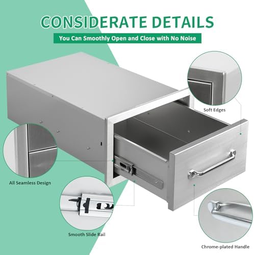 Outdoor Kitchen Drawers 14" W x 8.5" H x 23" D Stainless Steel Single Drawers with Ergonomic Handle for BBQ Island, Patio Grill Station & Outdoor Kitchen Cabinets - Image 4