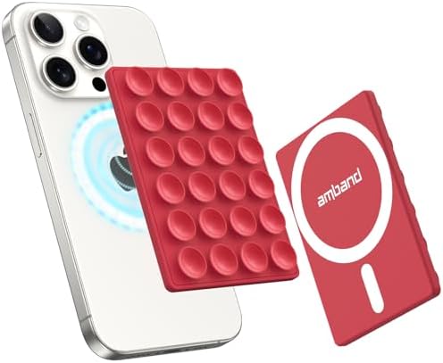amBand Magnetic Sticky Phone Suction Grip for MagSafe, Removable for Wireless Charging, Durable Magnet Silicone Portable Mount Stand for iPhone 18 17 16 15 14 13, Hands-Free Video/Selfie, Cherry Red by amBand