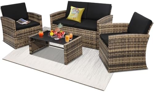 KROFEM 4 Piece Patio Furniture Set, Outdoor Wicker Conversation Set by KROFEM