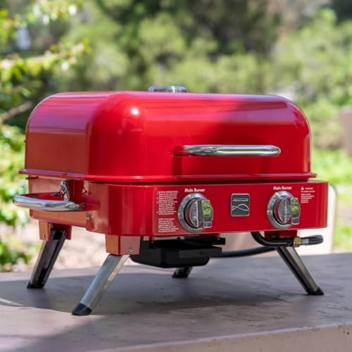 Kenmore Portable Propane Gas Grill - Tabletop BBQ Grill with Warming Rack, 2 Stainless Steel Burners with 14,000 BTUs, for Outdoor Kitchen, Camping, Red - Image 2