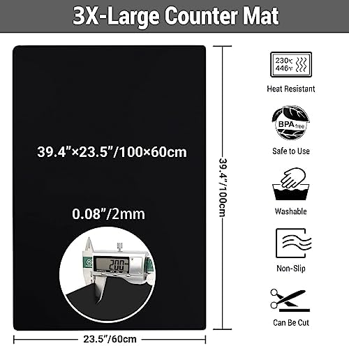 Ewen 39.4x23.5in 2mm Heat Resistant Silicone Mat, Extra Large Thick Placemat for Kitchen Counter, Workbench Countertop Protector Mat Hot Pads for Coffee Maker Bar Crafts Glass Top Stove Cover Black - Image 3