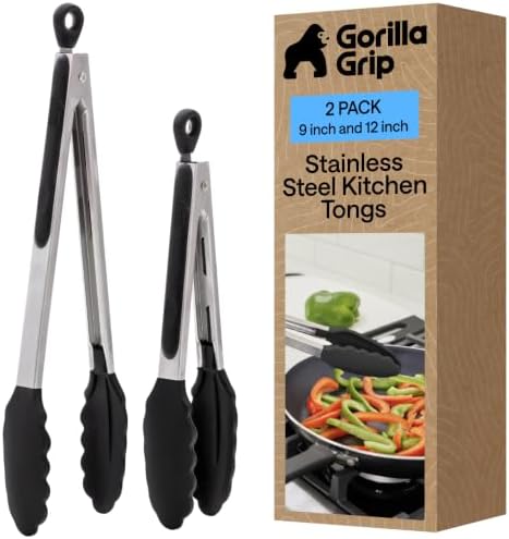 GORILLA GRIP Stainless Steel Kitchen Tongs for Cooking, 2 PK, Black by GorillaGrip