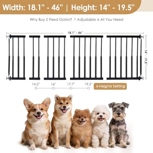 14''-19.5'' Height Adjustable Dog Gate, Extra Wide 18.1"-46" All Metal Short Dog Gate to Step Over, Pressure Mount Small Pet Puppy Gate for Stairs & Doorways(Black) - Image 4