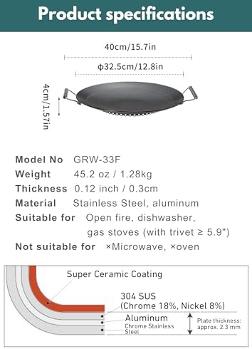 camping moon BBQ Grill Pan Dia 12.8-inch Round Griddle 3-Ply Composite Steel Nonstick Foldable Handle for Open Fire Gas Stove Outdoor & Indoor Use GRW-33F - Image 6