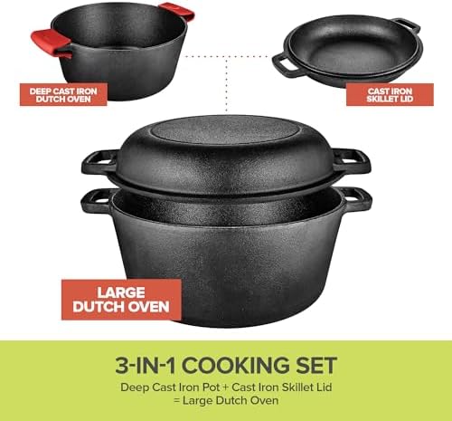 Modern Innovations 3-in-1 Dutch Oven & Skillet Combo, Preseasoned Cast Iron Cookware Set, 5QT Dutch Oven, 1.6QT Skillet with Lid, Versatile Pots and Pans for Camping & Home Cooking - Image 3