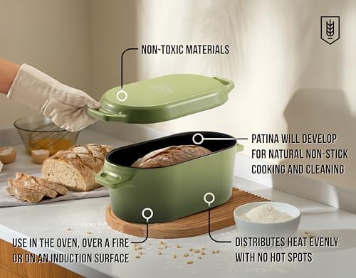 Kook Oval Dutch Oven, for Bread Baking, Sourdough Loaf Pan, Dual Handles, Enameled Cast Iron, with Sling, Dishwasher Safe, 3.4 Qt, Sage Ombre - Image 3