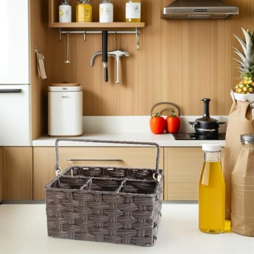 VILLCASE Imitation Rattan Woven Storage Basket with Handle PP Coffee - Image 6