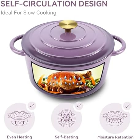 Miereirl 6 Quart Enameled Dutch Oven Pot with Lid, Cast Iron Dutch Oven with Dual Handles for Bread Baking, Cooking, Non-stick Enamel Coated Cookware, Purple - Image 7
