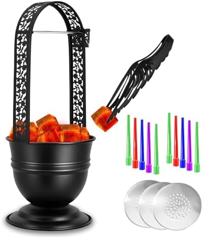 Portable Hookah Charcoal Basket with Coal Tongs,50 pre-Cut foil Sheets, 50 hygienic mouthpieces - Metal Storage Container & Holder for Shisha Accessories (Black Basket 13.7") by Unknown
