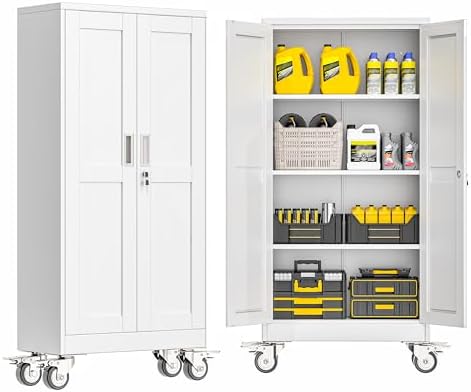 GAIOUS Metal Garage Storage Cabinet with Lock, 61” Tall Lockable File Cabinet with Wheels, Steel Tool Cabinet with 2 Door and 3 Adjustable Shelves, Rolling Cabinet for Home Office Garage Gym - White by GAIOUS