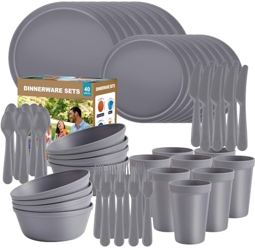 40 Piece Plastic Dinnerware Set for 8 with Cutlery, Unbreakable Plates and Bowls Set, Dishwasher & Microwave Safe Reusable Dish Set for Camping, RV, Outdoor Kitchen, Apartment Dining, Gray by BetterMomentsBeginatHome