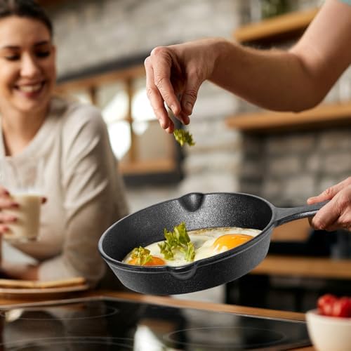 Vesici 6 Pcs Cast Iron Skillet Frying Pans with Drip-spouts Circle Non-stick Frying Skillet Omelette Pan Safe Healthy Cookware for Home Barbecue Kitchen Party Restaurant Catering Service (5.5 Inch) - Image 3