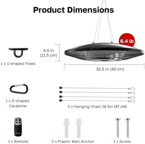 Electric Patio Heater Outdoor, ThermoMate 1500W Infrared Hanging Heater Ceiling Mounted with Chain, IP65 Waterproof Outdoor Heater for Porch, Gazebo, Balcony, Black - Image 4