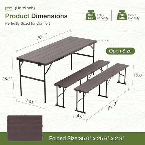 Picnic Table Set with 2 Benches,6 Feet Folding Camping Table Chair Set with Wood Grain Tabletop,3-Piece Outdoor Indoor Portable Folding Furniture for Party, Camping, Picnic, Weddings (Brown) - Image 3