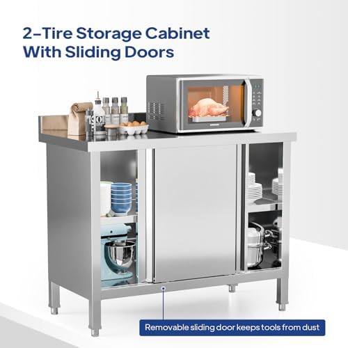 ROVSUN Stainless Steel Table with Cabinet 39" x 19",Commercial Pre Table with Backsplash, Heavy Duty with 2 Sliding Doors, Large Space Storage for Kitchen Restaurant Hotel Garage Warehouse - Image 5