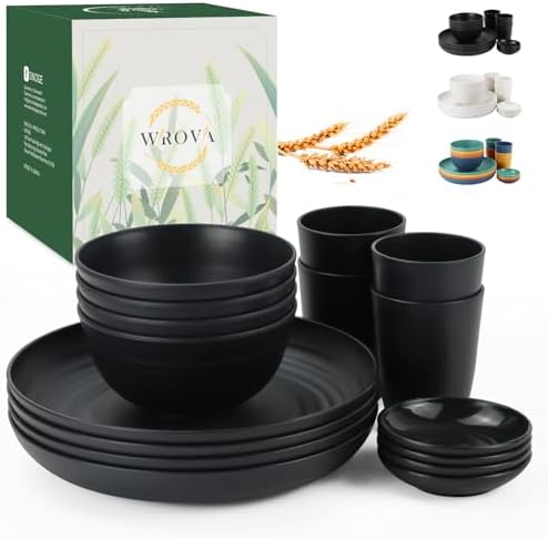 Wrova Wheat straw dinnerware sets of 16-10 inches plates,26oz bowls,2oz dipping bowls,12oz cups - Unbreakable plates and bowls sets microwave safe and dishwasher safe,service for 4. Black by WROVA