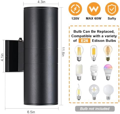 DAKAFUL Dusk to Dawn Outdoor Lighting Sensor Wall Lights 2-Pack, Modern Cylinder Up Down Lights Fits Standard E26 Bulbs, IP65 Waterproof Exterior Wall Sconce for Porch Patio etc. - Image 3