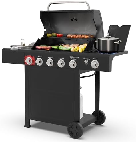 Kenmore 4-Burner Gas Grill with Side Burner, Outdoor BBQ Grill, Propane Gas Grill, Cast Iron Cooking Grates, Electronic Ignition, Warming Rack, Open Cart Design, 53000 BTUs, Black by Kenmore