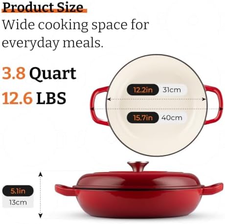 Parmedu Cast Iron Dutch Oven, 3.8 Quart, Red, Shallow Braiser & Casserole - Image 2
