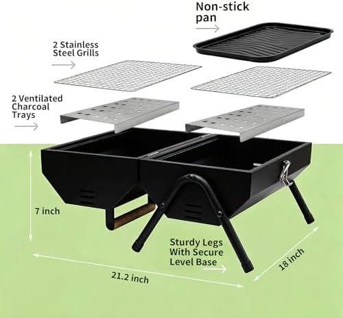 Tabletop Charcoal Grill, Portable Foldable Tabletop BBQ Grill with Dual Sided Griddle & Grill, Compact Folded Design, Thickened Body for Camping, Picnic & Outdoor Cooking - Image 3