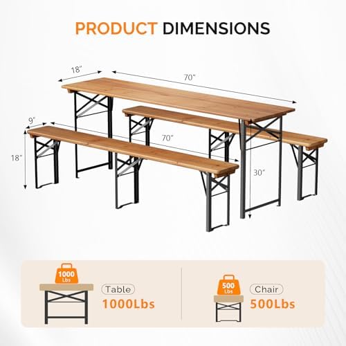 VINGLI 70 Inch Folding Picnic Tables with Benches Set, Weather-Resistant Wooden Beer Garden Table Bench, 3-Piece Portable Fold Up Camping BBQ Table,Walnut Color - Image 2